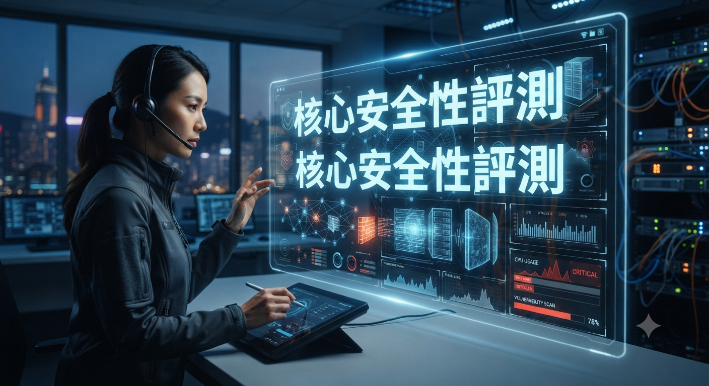 一位專業工程師正在監控室內操作高科技介面，進行核心安全性評測。 畫面中心清楚顯示「核心安全性評測」字樣，展現數位安全監控的專業場景。